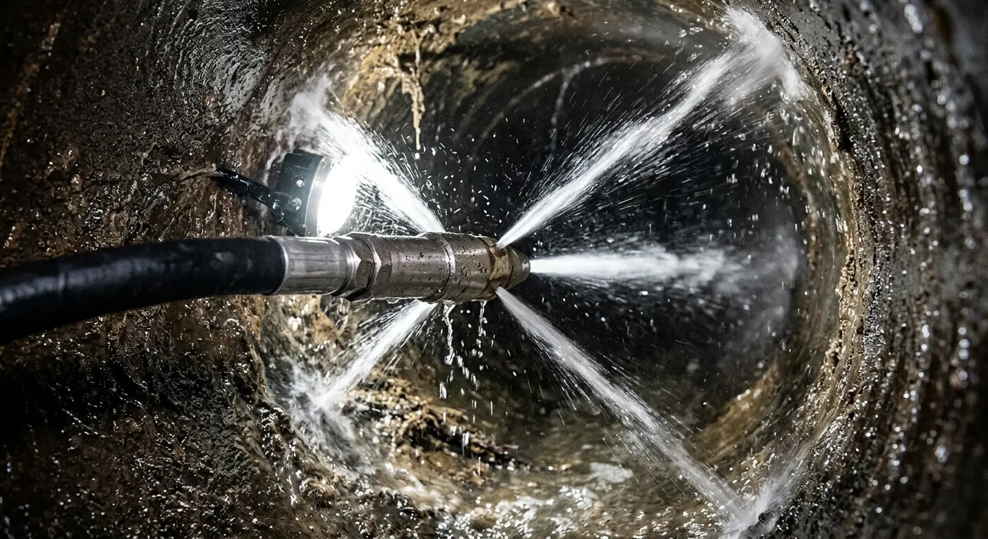 High-pressure hydro jetting nozzle cleaning sewer pipe for Trenchless Sewer Repair in Dodgeville