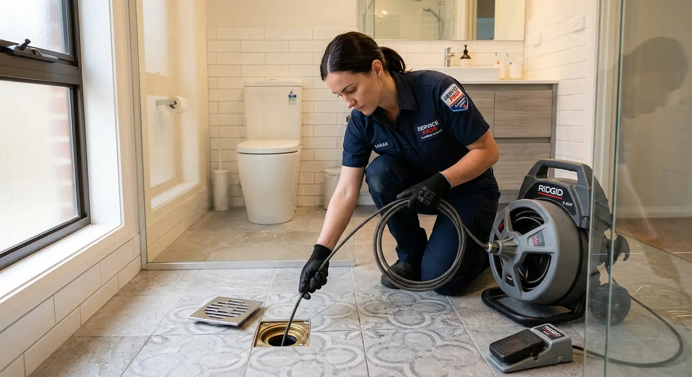 Technician clearing a bathroom floor drain for Drain Cleaning in Dodgeville